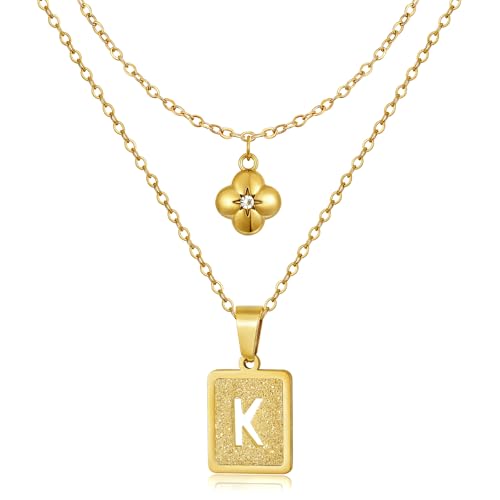 KELORIS PATH Layered Initial Necklaces for Women, 18K Gold Plated Stainless Steel Necklaces Set with Dainty Four Leaf Clover Square Cutout Letter Pendant, Fashion Jewelry for Gifts - style: K Letter