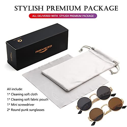 AIEYEZO Round Steampunk Sunglasses for Men Women Retro Circle Hippie Glasses Metal Frame 100% UV Blocking Lens - color: 2 Pack (Gold/Grey + Gold/Brown)