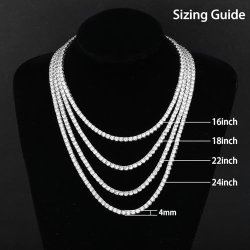 BREN Tennis Necklace - 3mm 4mm 5mm Iced Out Diamond Tennis Chain 5A Cubic Zirconia Necklace - 18K/White Gold Plated Flat Tennis Necklace for Women and Men Size 16"-22" - color: White Gold-4mm, size: 20 inch
