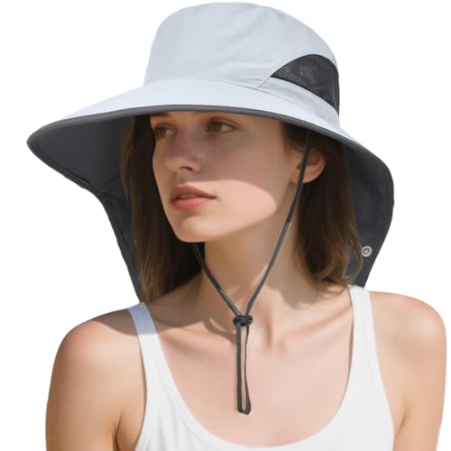 Womens Sun Hat Wide Brim UPF50+ Outdoor Sun Protection Ladies Fishing Hat with Neck Flap Detachable Face Cover - color: Light Grey