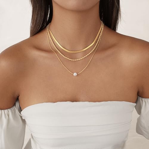 Layered Gold Necklace for Women Trendy 14K Gold Plated Heart CZ Pendant Layered Gold Necklaces Set Coin Choker Necklaces Simple Circle Cubic Zirconia Pearl Necklace Stack Herringbone Paperclip Chain Jewelry Set - style: 3PCS-Snake chain + Pearl-GD