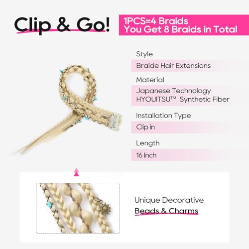 REECHO Clip in Braid Hair Extensions for Women, 16" Boho Dreadlock Clip in Braids with Beads & Charms, 2PCS Handmade Synthetic Braided Hairpieces for Cosplay Daily Styling, Light Blonde - color: Light Blonde, size: 16 Inch