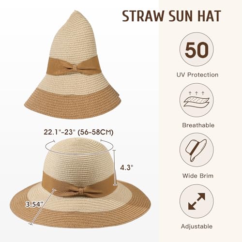 Beach Hats for Women, Sun Straw Hat for Women, UPF 50+ UV Sun Protection Sun Hat Womens, Foldable Floppy Sun Hat - color: D-khaki & Beige