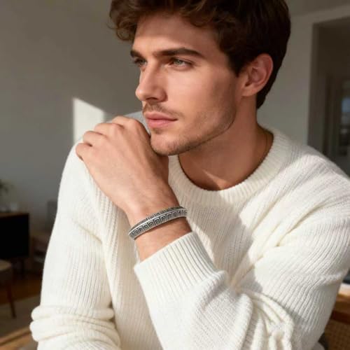Kim Carrey S925 Sterling Silver Bracelet, Stacked Bracelets Open Bangle Cuff Design, Men's Gift Jewelry for My Man - style: Vintage
