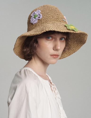 Women Straw Sun Hat Summer Beach Hats Foldable Floppy Cap Wide Brim Bucket Hat Solid Handmade Sun Protection Caps - color: Flora-khaki