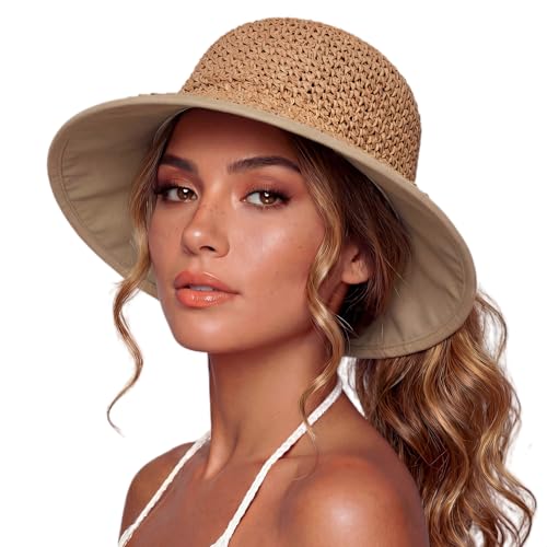 TOP-EX chicpony™ Cooling UPF 50+ Wide Brim Beach Hand Crochet Straw Hat - color: Khaki, size: Large