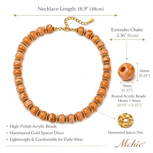 Mchic Colorful Beaded Choker Necklace for Women: Boho Large Square Acrylic Beaded Necklace Stainless Steel Adjustable Surfer Beach Strand Necklaces Summer Handmade Jewelry Gift for Women - color: Caramel-Round