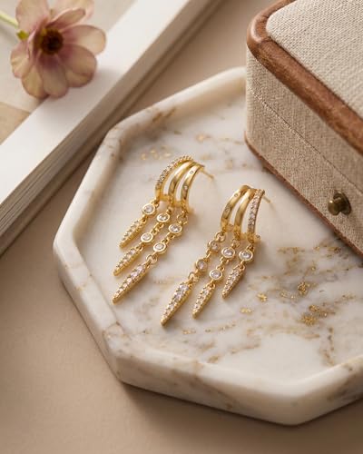 MUMREUES Gold Earrings for Women Trendy 14K Gold Plated Dangle Earrings Small Hoop Huggie Drop Stud Earrings Cubic Zirconia Simple Minimalist Dainty Chain Tassel Hypoallergenic Earrings - color: Tassel & Gold