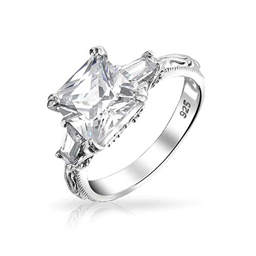 Bling Jewelry Personalize Vintage Antique Style 3CT AAA CZ Baguette Side Stones Solitaire Square Brilliant Princess Cut Engagement Ring Milgrain Filigree Band .925 Sterling Silver Customizable