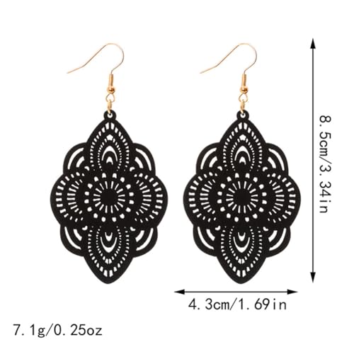 Bohemian Wood Earrings Natural Retro Lightweight Hollow Pattern Geometric Wooden Dangle Drop Earrings Statement Vintage Jewelry - color: Balck Earrings