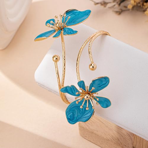 Flower Arm Cuff Bracelets for Women Adjustable Gold Upper ArmBand Jewelry Boho Floral Open Wrap Statement Bangle Bracelet Arm Cuff Jewelry Gifts for Women - color: Bule