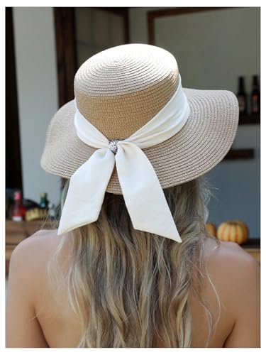 GORGLITTER Women's Rhinestone Bow Tie Straw Beach Hat UPF 50+ UV Protection Boho Vacation Wide Brim Western Elegant Sun Hats