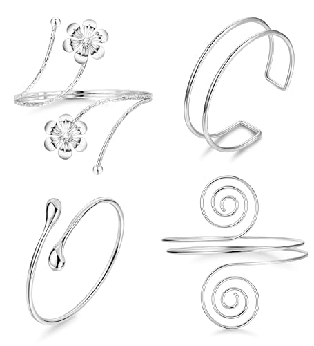 4Pcs Upper Arm Cuff for Women Open Adjustable Arm Bracelets Minimalist Coil Arm Armband Set - style: Silver-Style A