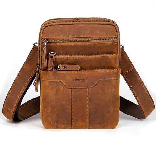 Leather Messenger Bag for Men, Small Leather Sling Shoulder Bag Messenger Pack for Men, Man Purse - color: Yellowish Brown
