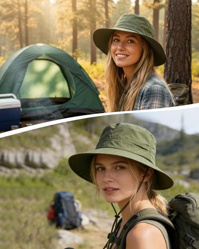 Womens Ponytail Sun Hat Packable UPF50+ Waterproof Bucket Hat Hiking Fishing Safari Hat Foldable Beach Hat - color: Army Green