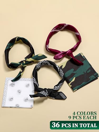 Unittype 36 Pieces Paisley Bandana Cowboy Bandanas Sports Novelty Headband Square Scarf Outdoor for Western Party Costume - color: Black,white,wine Red,camouflage, style: Simple Style