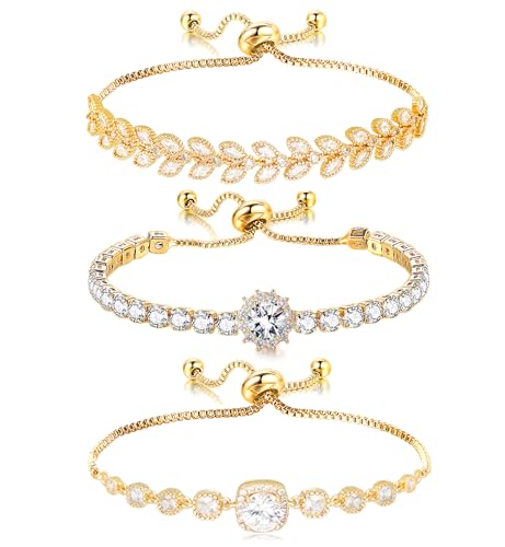 Tennis Bracelet for Women Cubic Zirconia Bracelets Adjustable Slider Bracelets - color: Gold 02