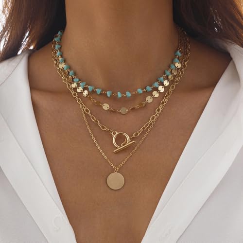 Boho Layered Gold Turquoise Necklace for Women Multi Strand Western Beach Jewelry Stackable Chain with Toggle Clasp Disc Pendant Trendy Fashion Jewelry - color: gold