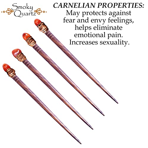 Natural Tumbled Healing Gemstone Crystal Wooden Hair Stick Handmade Gifts Boho Reiki by Smoky Quartz (Carnelian) - color: Carnelian