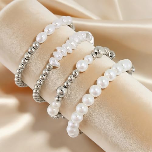 VIBILIA Gold Beaded Bracelets Set for Women 14K Gold Plated Dainty Pearl Cross Bracelet Stack Stretch Bracelet Set Fashion Accessories Gifts - color: 4P-#02-BK-Silver