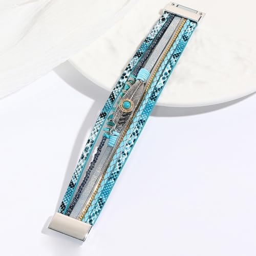 Long tiantian Boho Leather Wrap Bracelets Western Bracelets for Women Stackable Starfish Crystal Pearl Turquoise Leather Bracelet With Clasp Jewelry Gifts Boho Dresses - color: A5:BLUE Bracelet