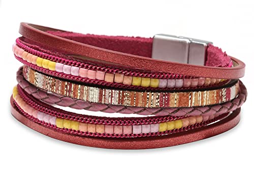 Fesciory Leather Wrap Bracelets for Women, Boho Leopard Multi-Layer Crystal Beads Cuff Bracelet Jewelry - color: Boho Braid(Red)