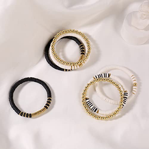 Elegance 11 designs Heishi Beaded Bracelets For Women Polymer Clay Colorful Surfer Stackable Beads Boho Bracelet Summer Beach Jewelry - color: Black And White