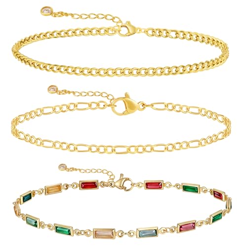 MIDEEO Gold/Silver Ankle Bracelets for Women,14K Gold Anklets for Women Waterproof Cuban Link Heart Beads Herringbone Rhinestone Anklets Set Layered Anklet Bracelets for Women Gold Jewelry Gift - style: 3Pcs Anklets E-Gold