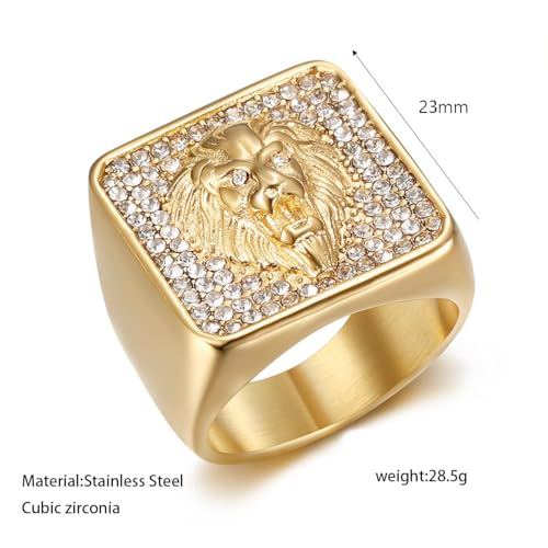 Vintage Fuax Diamond Carved Lion Head Signet Gold Plated Ring for Men,Animal Stainless Steel Iced Out Bling Square Top Thumb Pinky Ring,Pink Biker Cool Ring Fashion Pirate Rocker Jewelry