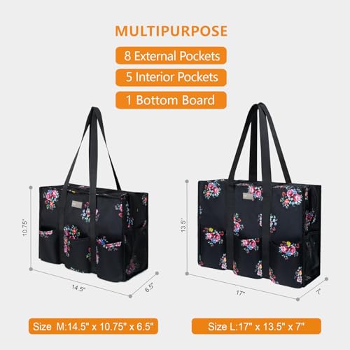TOPDesign Utility Water Resistant Tote Bag with 13 Pockets, Top Zipper Closure & Thick Bottom Support, for Working Women - color: Blooming Flower, size: Medium