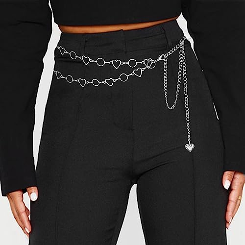 Long Tassel Waist Chain Belt for Women, Adjustable Metal Body Belly Belt Chain for Dress - color: Silver Double Heart, size: M: (Fit Waist 43.3in)
