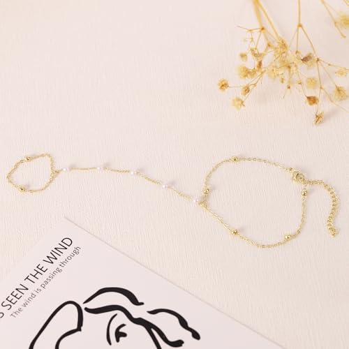 BAYLAY Hand Chain Bracelet, 14K Gold Plated Ring Bracelet Hand Chain Dainty Gold Bracelet for Women Trendy Finger Ring Slave Bracelets Hand Jewelry for Women Summer Beach Boho Gifts Trendy Stuff - color: Pearls
