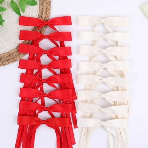 WORTL Red Hair Bows Clips Coquette Ribbon Bowknot with Long Tail Princess Hair Bows French Barrettes Hair Accessories for Women Girls 16PCS (Red, Cream) - color: Red, Cream