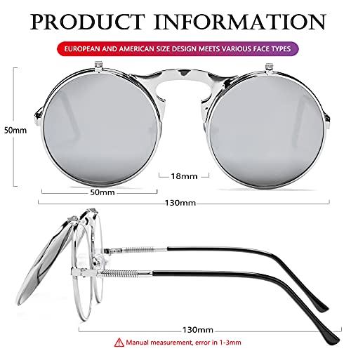 AIEYEZO Round Flip Up Sunglasses for Men and Women Rave Flip Glasses 90's Retro Steampunk Style - color: Silver/Siver Mirror