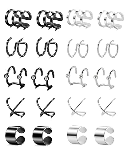 Tornito 4-10 Pairs Stainless Steel Ear Cuff Helix Cartilage Clip On Wrap Earrings Fake Nose Ring Non-Piercing Adjustable - color: F1:10 Pairs, Silver&Black Tone