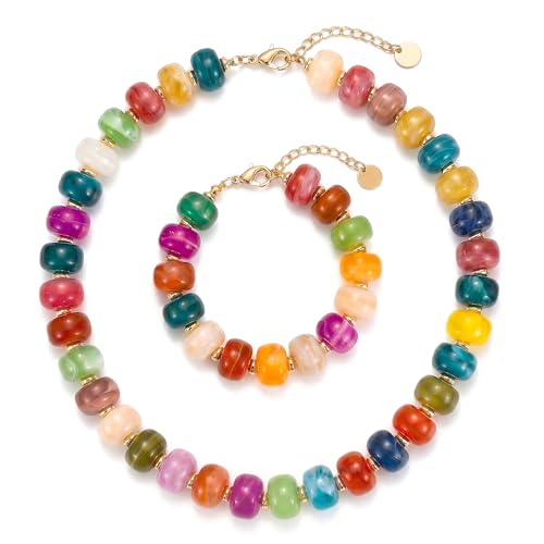 Gmai Chunky Bead Necklace and Bracelet Set for Women Boho Big Bead Statement Necklace Adjustable Fashion Trendy Summer Necklaces Jewelry Gift Set - color: Color 2pcs set