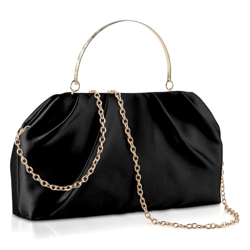 ERKOON Clutch Purse for Women Elegant Pleated Evening Bag Crossbody Shoulder Handbag Envelope Bag with 2 Detachable Chain - color: Black