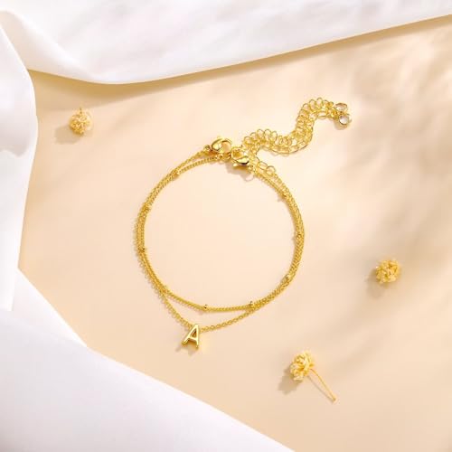 Turandoss Initial Bracelets for Mom Women, Dainty 18K Real Gold Plated Layered Letter A-Z Initial Bracelets Personalized 26 Alphabet Monogram Gold Bracelets for Women Birthday Jewelry Gifts Trendy - color: E