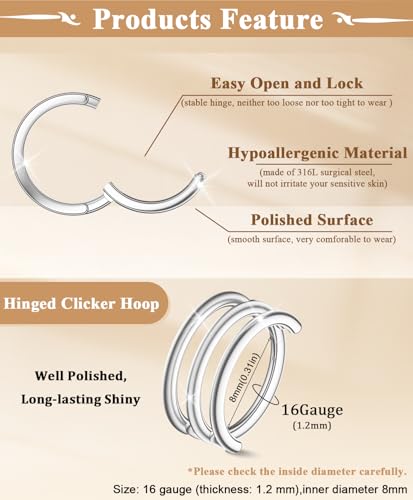 Small Cartilage Double/Triple-Hoop Helix Conch Piercing Earrings With Cubic Zirconia For Women Trendy 14K Gold Plated Titanium Surgical Stainless Steel Sets Nose Rings Hoops Septum Rings - color: Silver, style: E-4Pairs-16Gauge-Triple hoop