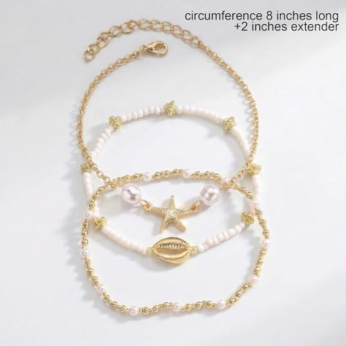 Boho Beads Beach Layered Anklet Set for Women, Handmade Gold Starfish Pearl Shell Anklets Summer Ocean Accessories Jewelry Gift - color: Starfish