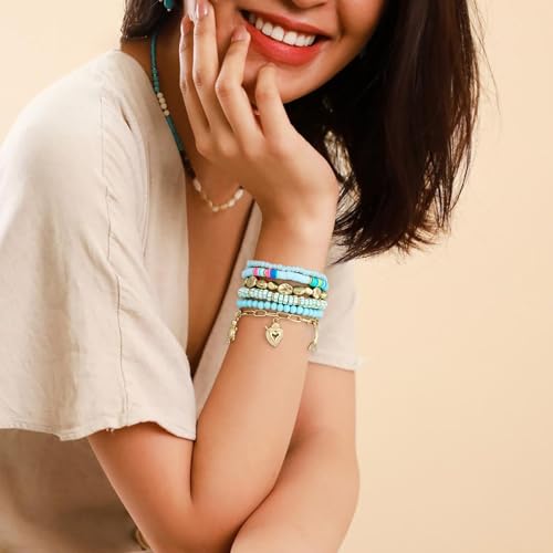 Shell Bracelet Seashell Boho Beaded Stretch Bracelets for Women Summer Beach Bracelets Starfish Charm Bracelet Stackable Gold Plated Bracelets Set for Women - color: h-blue