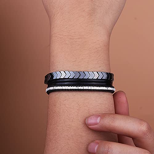 FANCY SHINY Hematite Leather Wrap Bracelets Beaded Healing Stone Cuff Bracelet Rhinestone Boho Jewelry Gift for Women with Clasp - color: Black