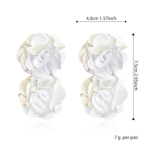 Oversized Fabric Flower Earrings for Women Statement Boho Chic Dangle Drop Earrings for Parties Weddings or Everyday Wear - color: White