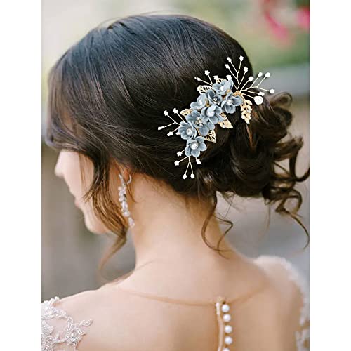 inSowni 20 Pack Classy Dusty Blue Flower Bridal Wedding Hair Side Combs+Floral Hair Pins+Twist Spiral Pearl Hair Pins Clips Pieces Formal Prom Headpieces Accessories for Brides Bridesmaids Women Girls - color: 20 Pack Light Blue Wedding Bridals Formal Pro