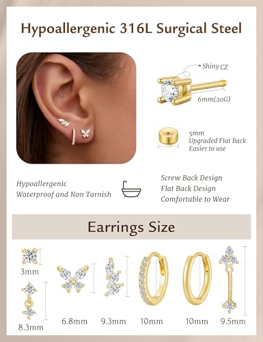 M MOOHAM Flat Back Earrings Stack for Women, Hypoallergenic 14K Gold-Plated Flatback Stud Hoop Cartilage Earring Set Trendy Multiple Conch Tragus Helix Piercing Jewelry Gifts