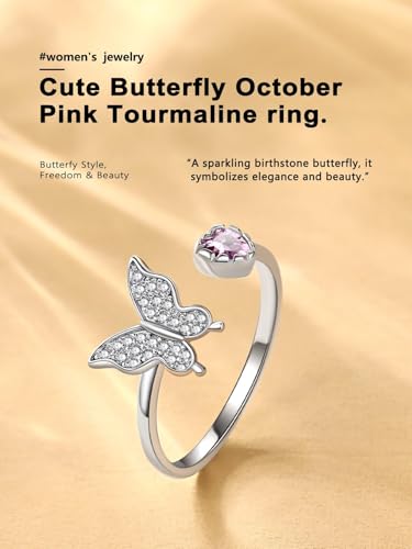 Bestyle 925 Sterling Silver Butterfly Ring Hypoallergnic Adjustable Birthstone Rings for Women Butterfly Jewelry Gifts for Anniversary Mothers' Day Birthday - color: 10.October (Pink Tourmaline)