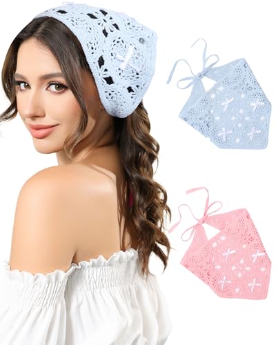 AWAYTR Crochet Head Scarf Hair Bandanas Women Knit Bandana Headband Scarf Tie-Back Head Coverings Floral Headscarf - color: Solid Color - Pink + Blue