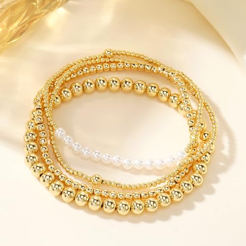 14K Gold Plated Beaded Bracelets Stack Set for Women,Stretch Boho Colorful Beads Ball Jewelry Friendship Summer Trendy - color: Pearl