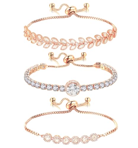 Tennis Bracelet for Women Cubic Zirconia Bracelets Adjustable Slider Bracelets - color: Rose Gold