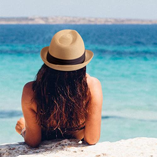 DRESHOW Women Straw Sun Hat Short Brim Panama Travel Fedora Summer Hat Roll Up Beach Cap for Women UPF 50+ - color: Khaki Fa